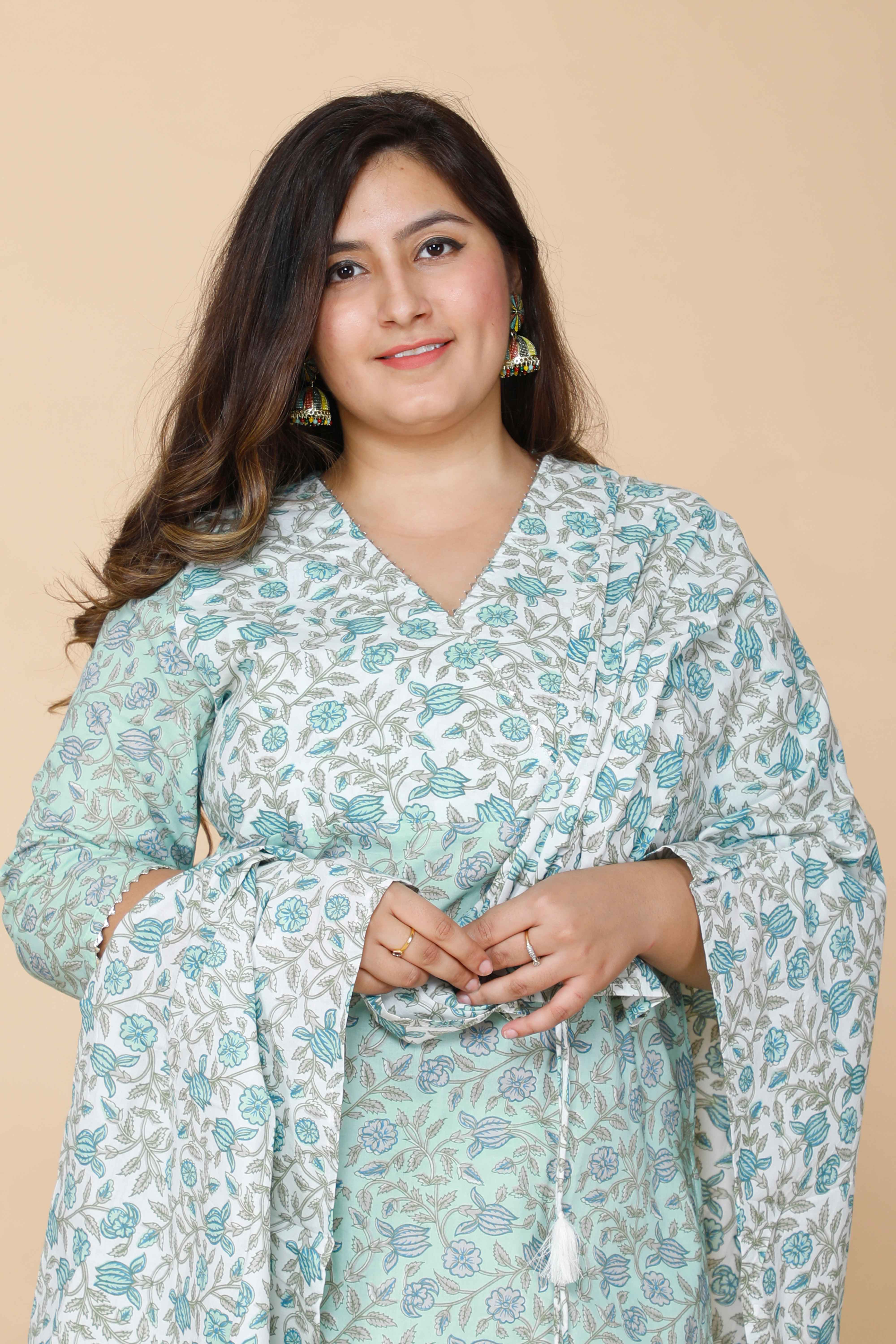 Green Floral Printed Angrakha Kurta with Palazzo and Dupatta Set